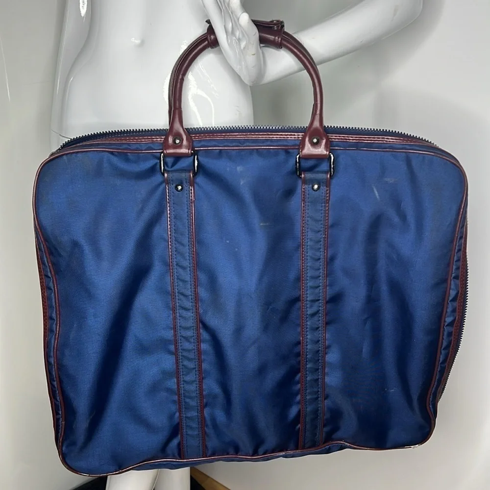 YSL Yves Saint Laurent 1970’s Blue Nylon Logo Folding Zip Around Garment Bag